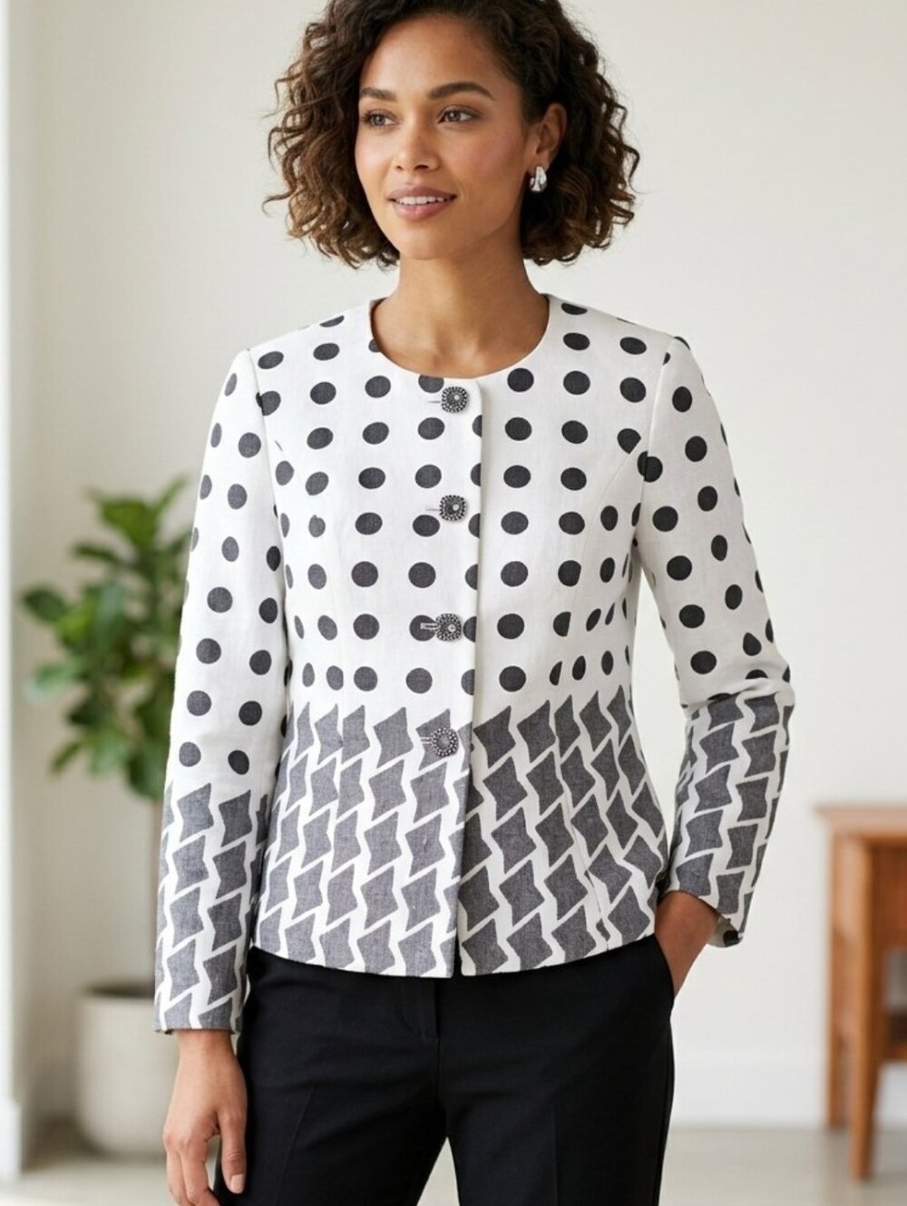 Terramina White and Black Polka Dot & Geometric Pattern Jacket